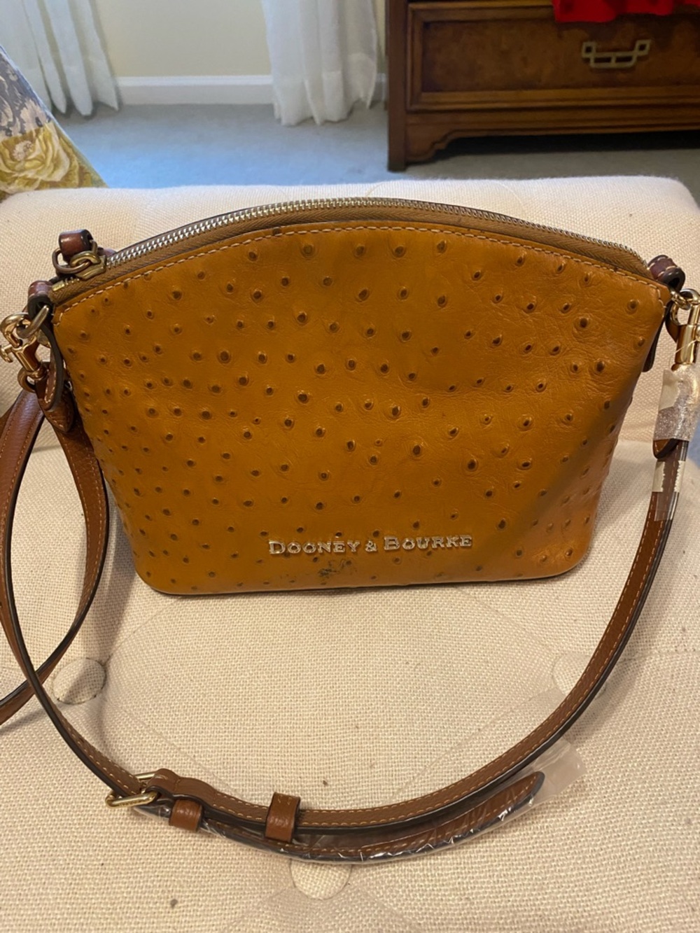 Dooney & Bourke Mustard Ostrich-Embossed Leather Crossbody with Patterned Strap